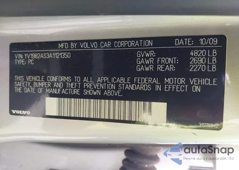 2010 Volvo S80 3.2 из США, поврежденный, VIN YV1982AS3A1121350